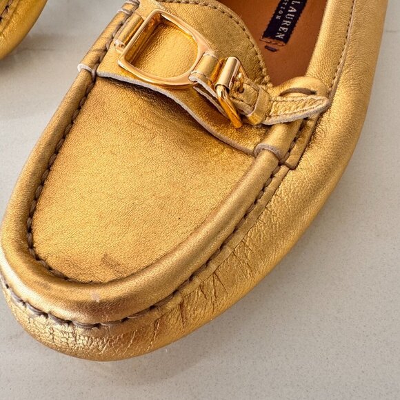 Ralph Lauren Purple Label Laine Driving Flats Gold Nappa Leather - Picture 4 of 11